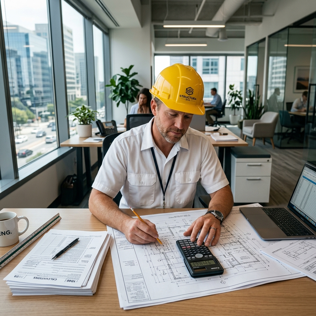 Engenheiro calculando tributos de obra