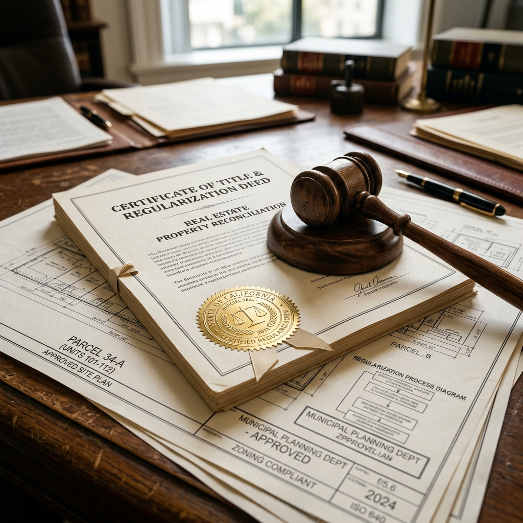 Documento oficial com selo dourado representando a regularização e o martelo da lei